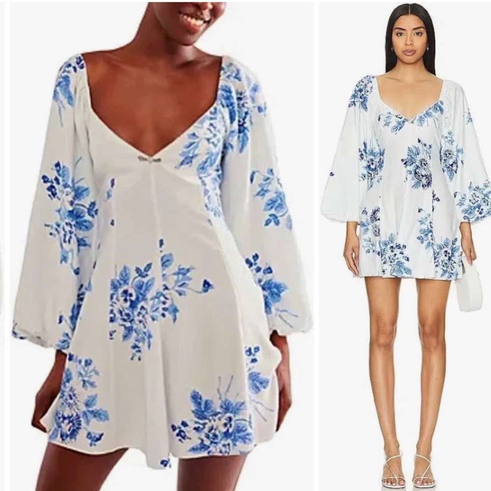 Free People Floral Blue and White l lantern sleeve dress